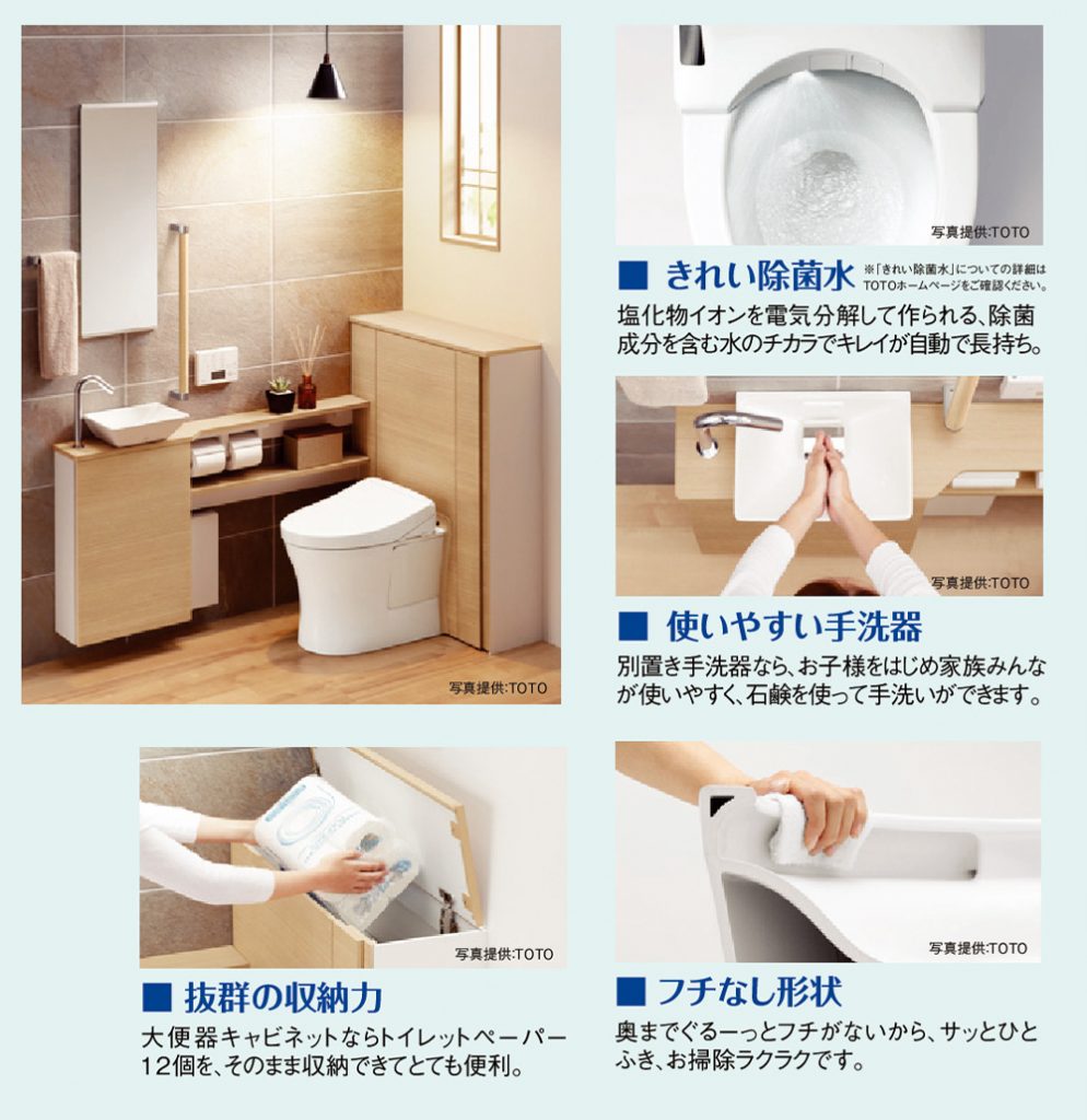 ■ きれい除菌水 塩化物イオンを電気分解して作られる、除菌成分を含む水のチカラでキレイが自動で長持ち。■ 使いやすい手洗器 別置き手洗器なら、お子様をはじめ家族みんなが使いやすく、石鹸を使って手洗いができます。■ 抜群の収納力 大便器キャビネットならトイレットペーパー12個を、そのまま収納できてとても便利。■ フチなし形状 奥までぐるーっとフチがないから、サッとひとふき、お掃除ラクラクです。