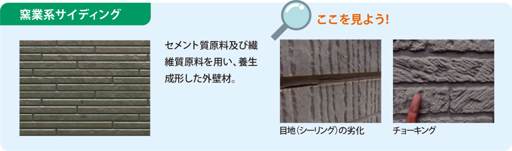 窯業系サイディング：セメント質原料及び繊維質原料を用い、養生成形した外壁材。ここを見よう！目地（シーリング）の劣化。チョーキング。