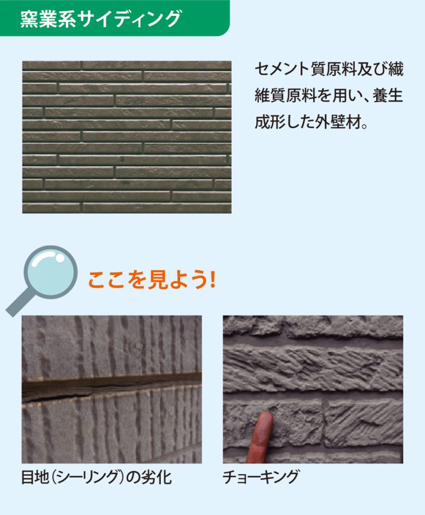 窯業系サイディング：セメント質原料及び繊維質原料を用い、養生成形した外壁材。ここを見よう！目地（シーリング）の劣化。チョーキング。