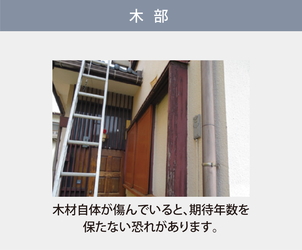 木部：木材自体が傷んでいると、期待年数を保たない恐れがあります。